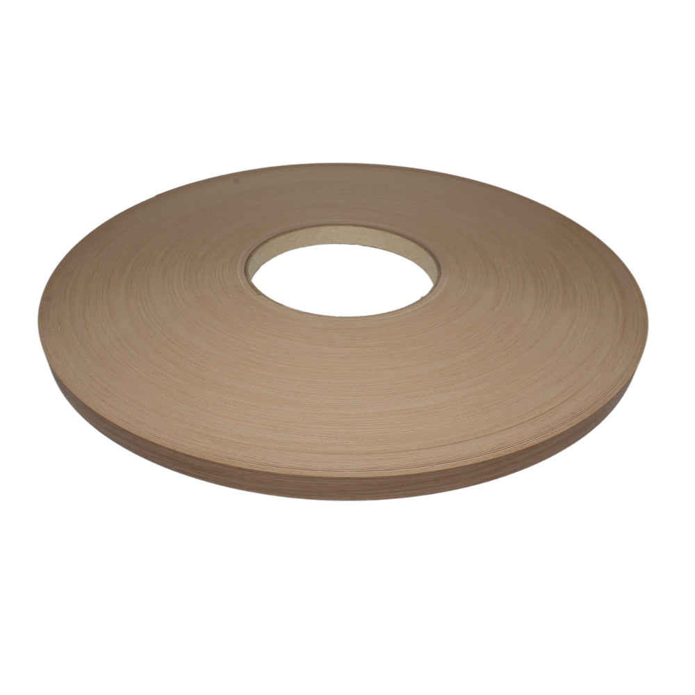pvc Wood tape Nogal Champagne color, tailored to match Guararapes laminate, featuring a thickness of 0.4mm-1mm, lengths from 492ft to 600ft, and widths between 7/8" and 1-5/8"