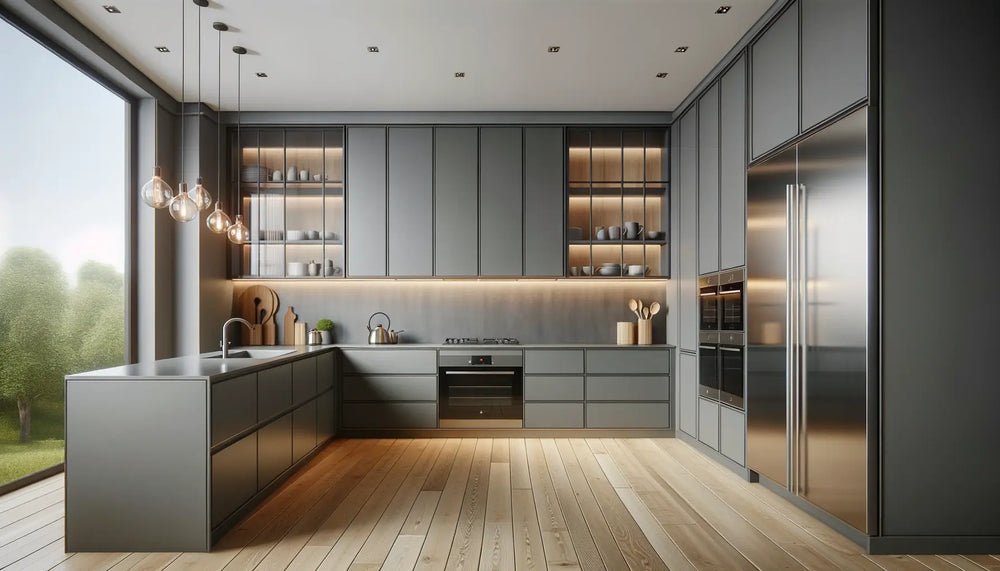 a spacious modern kitchen with walls and cabinetry eclipse grey laminate  color. The cabinets have a high-gloss finish and feature flat door front