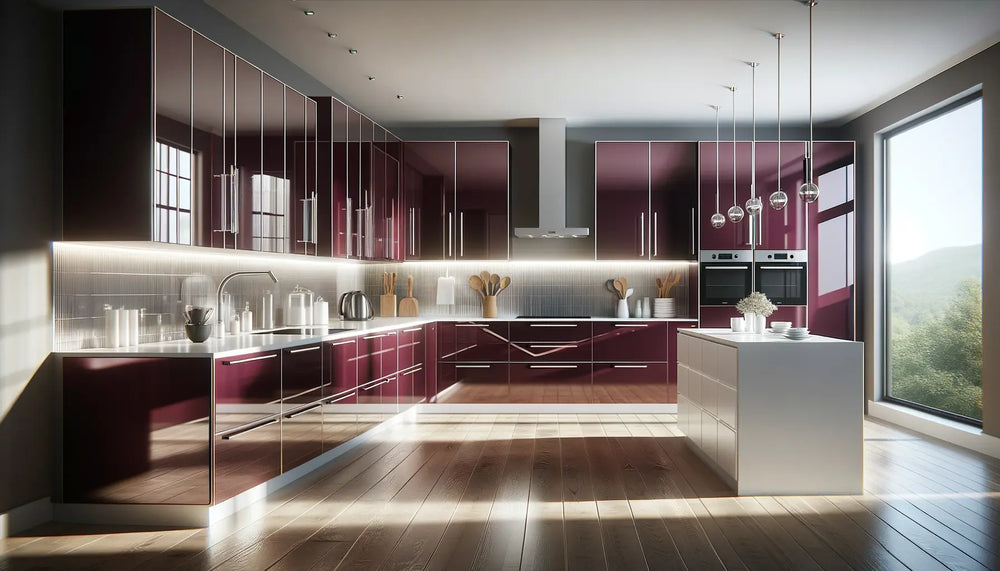  luminous modern kitchen where the high-gloss finish on the burgundy laminate cabinets stands out prominently. The cabinets, with their reflective
