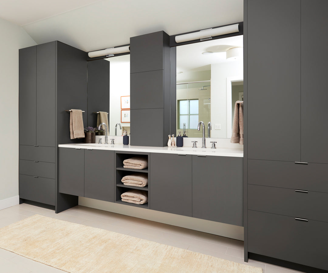 Modern bathroom with dark gray cabinets- FENIX kichen Cabinet 